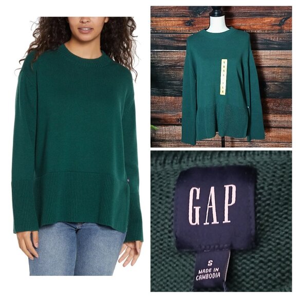 NWT GAP Sweater Size Small Forest Green 100% Cotton Knit Oversized Crew Neck - Picture 1 of 11